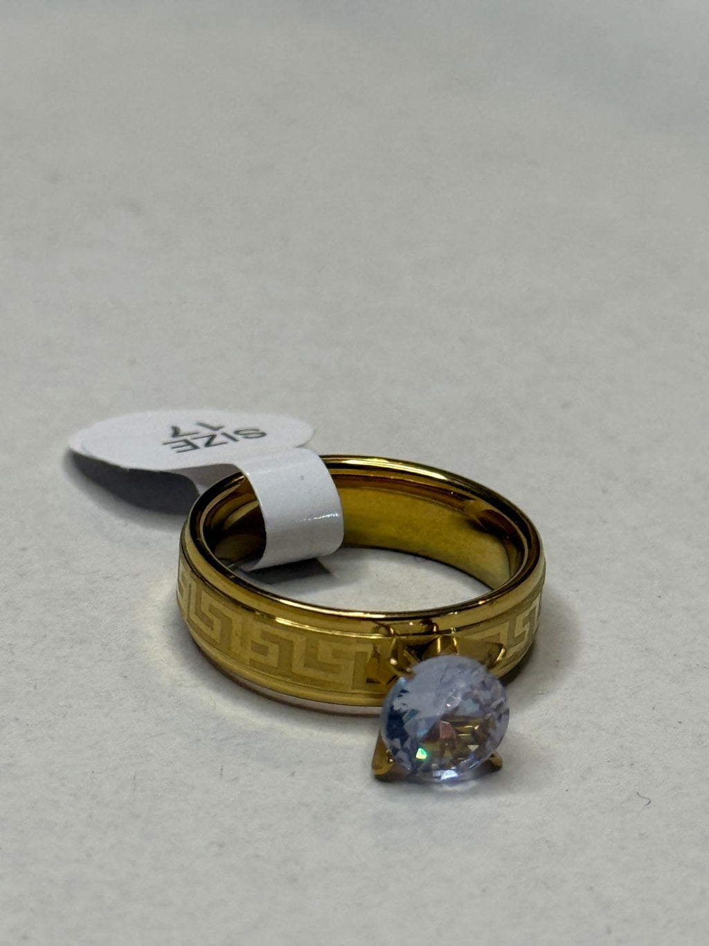 Luxury Gold-Plated Solitaire Crystal Ring with Greek Key Pattern