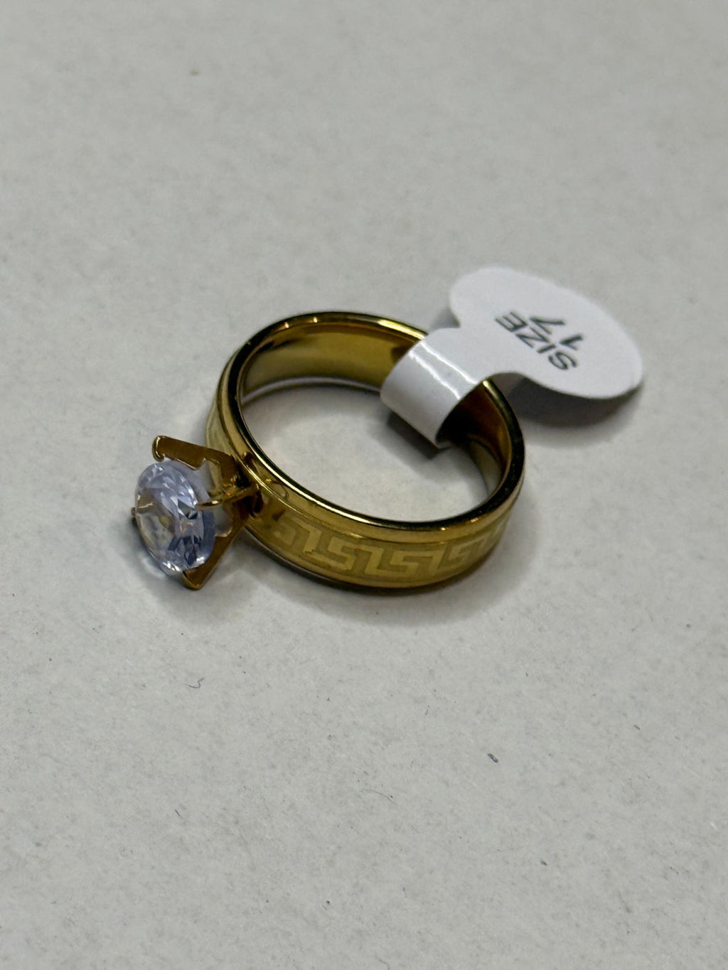 Luxury Gold-Plated Solitaire Crystal Ring with Greek Key Pattern