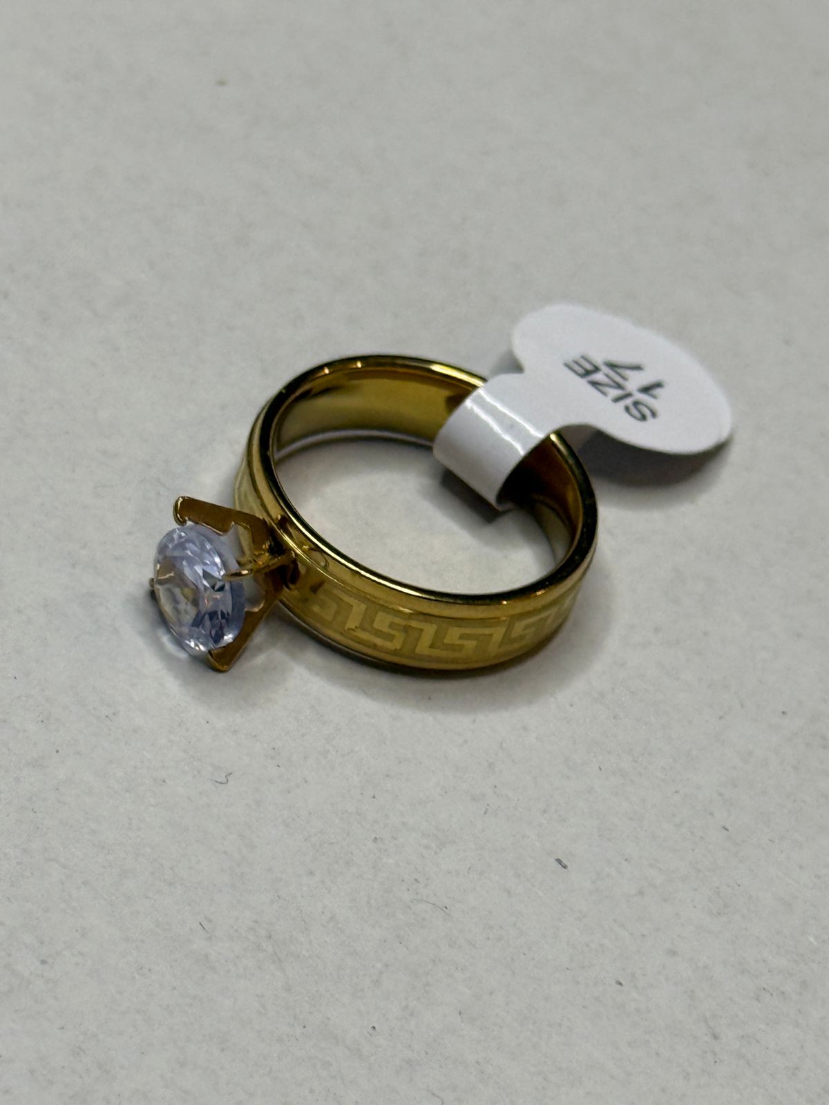 Luxury Gold-Plated Solitaire Crystal Ring with Greek Key Pattern