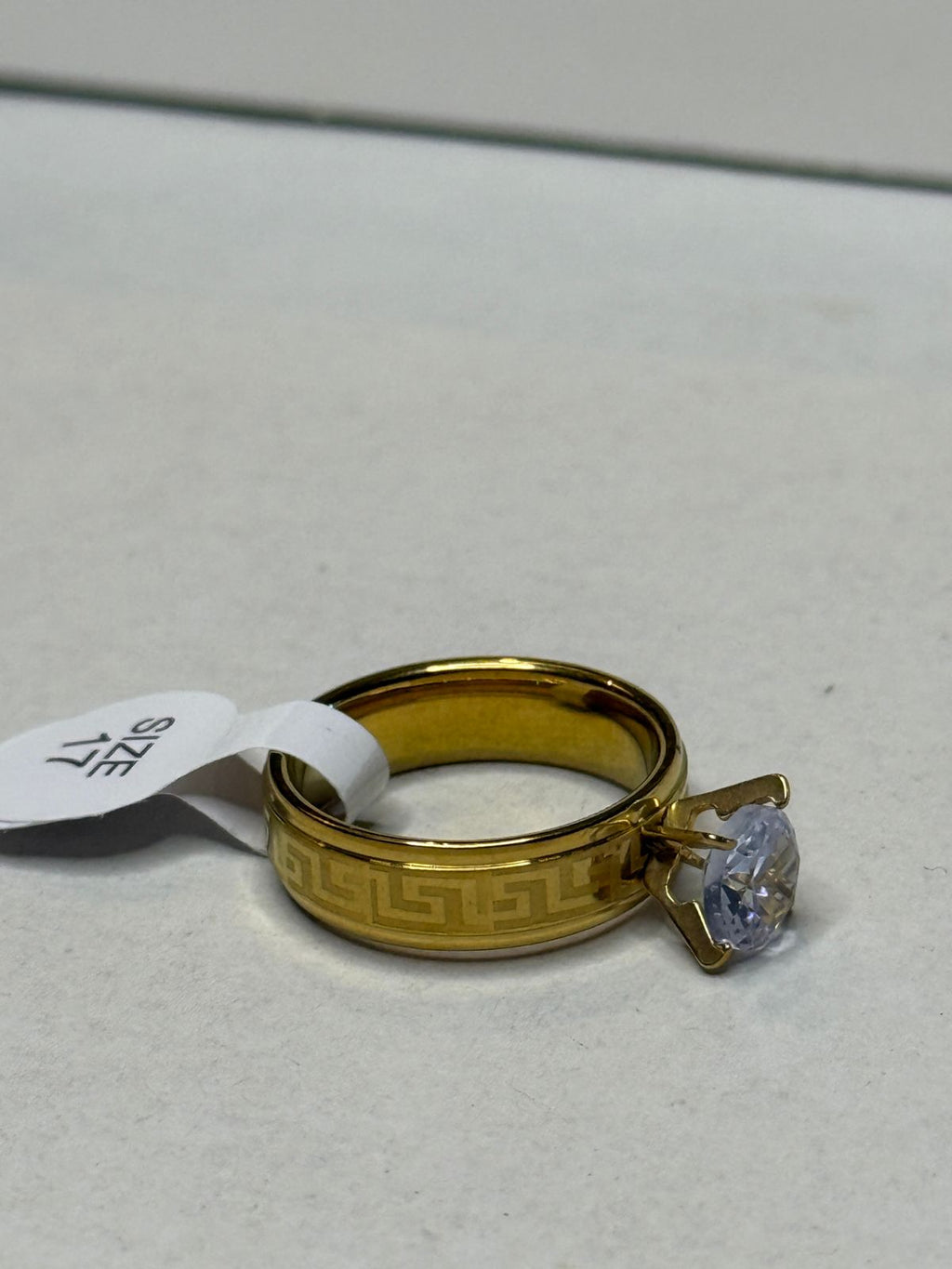 Luxury Gold-Plated Solitaire Crystal Ring with Greek Key Pattern